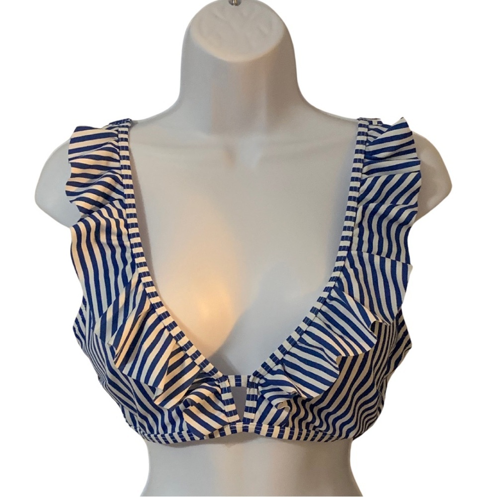 Women’s Navy Blue & White Striped sz L ruffled bikini top w/adjustable straps - Picture 1 of 7